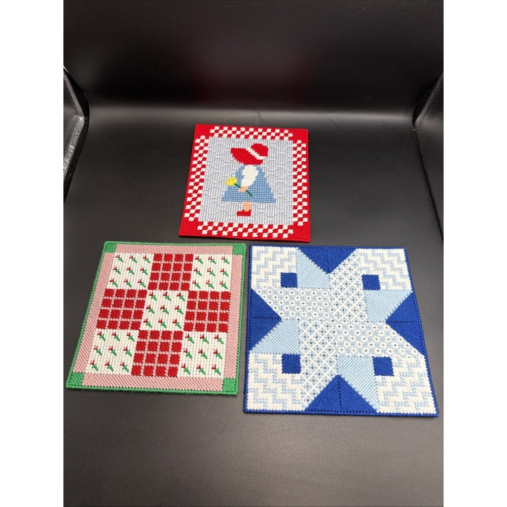 Set Of 3 Plastic Canvas Quilt Blocks Little Girl Red Blue Completed